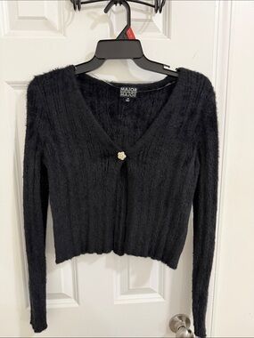 Black Fuzzy V-Neck Cardigan with Decorative Button Size Medium